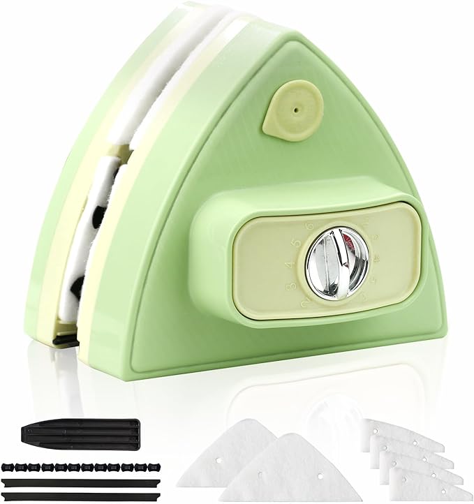 Double-Sided Magnetic Window Cleaner, Adjustable Magnetic Double Window Wiper, Equipment Cleaning Brush Tool, Suitable for 3-30mm Thickness of High-Rise and Automotive Glass Windows (1, Green)