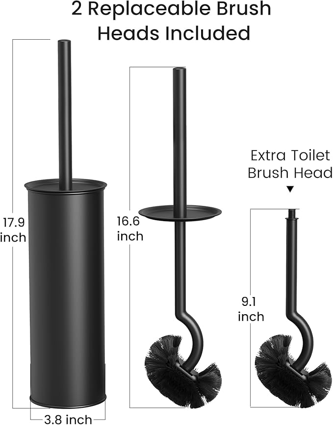 Cesun Toilet Brush and Holder Set with 2 Brush Heads, Curved Toilet Bowl Brush for Under Rim Cleaning, 304 Stainless Steel Holder, Long Handle Toilet Scrubber, Black