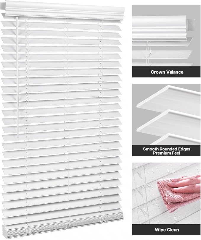 LazBlinds Cordless Faux Wood Blinds with Crown Valance, Room Darkening & Light Control, 2 Inch Horizontal Window Blinds, Blinds for Indoor Windows - 72" W x 72" H, White