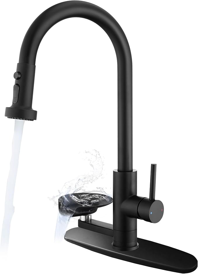 Kitchen Faucet with Glass Rinser, Pull Down Sink Faucet with 3 Spray Modes and High Pressure Glass Rinser, Single Hole 2 in 1 High Arc Stainless Steel Kitchen Faucets (Matte Black)