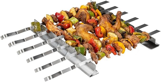 Restaurantware Met Lux 16.9 Inch Barbecue Skewers With Racks 8 Piece Heavy-Duty Shish Kabob Skewer Set - Brings 6 Skewers Includes 2 Grill Racks Stainless Steel Grilling Skewer Set Reusable