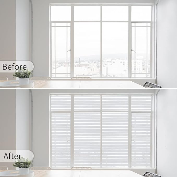 DERZGAO Window Privacy Film with Installation Tools, Stripe Window Film, Static Cling, Anti UV, Heat Control, Ideal for Home Shower Office Glass Door (Stripes Pattern, 23.6X157.4Inch)