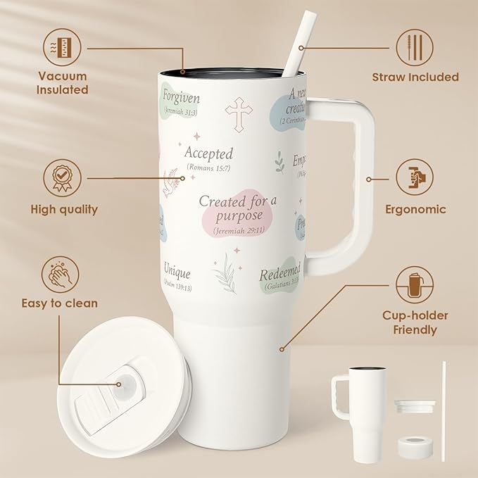 SANDJEST Christian Gift for Women – Inspiration Insulated Stainless Steel Tumbler with Handle and Straw - Religious Gifts for Birthday Christmas, 40oz