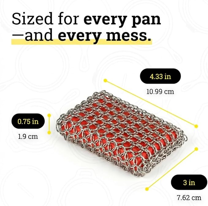 Lodge Chainmail Scrubber for Cast Iron Pans - Heavy Duty Stainless Steel Scrubbing Pad for Skillets, Dutch Ovens & Griddle Pans - Essential Cast Iron Cleaning Tool - Red