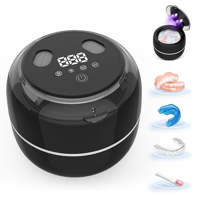 Voraiya Ultrasonic Cleaner Machine with LED Display for Invisalign, 45-52kHZ 200ml Dental Cleaning Pod Retainer Cleaner Aligner Cleaning Ultra Sonic for Mouth Guards Night Guards Dentures