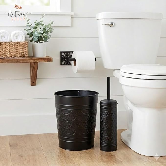 Autumn Alley Handcrafted Black Farmhouse Bathroom Trash Can and Toilet Bowl Brush with Holder Set - Metal Black Bathroom Accessories Set for Classic Bathroom Décor