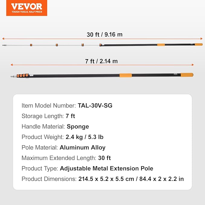 VEVOR Telescopic Extension Pole, 7-30 FT Multi-Purpose Extension Pole, Sturdy Aluminum Alloy Paint Extendable Pole with Flip-Lock Design, Telescopic Pole for Painting, Dusting and Cleaning