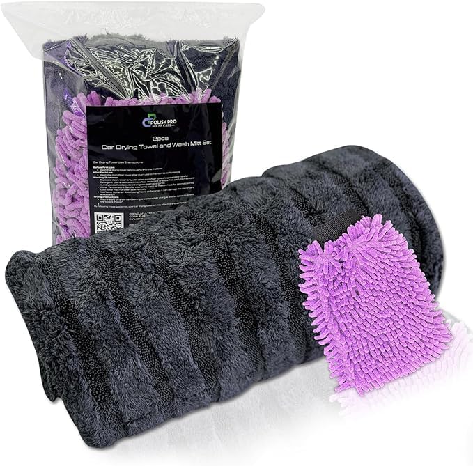 Polish Pro Car Drying Towel & Wash Mitt, Ultra Soft, Super Absorbent 1400 GSM Car Washing Kit, Twisted Loop & Coral Fleece, Holds Up to 10lbs Water, 24"x36", Set of 2