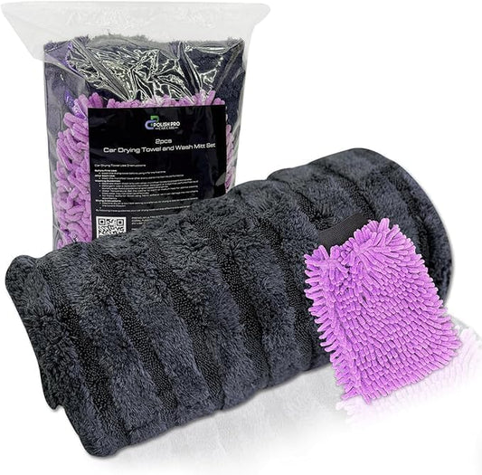 Polish Pro Car Drying Towel & Wash Mitt, Ultra Soft, Super Absorbent 1400 GSM Car Washing Kit, Twisted Loop & Coral Fleece, Holds Up to 10lbs Water, 24"x36", Set of 2