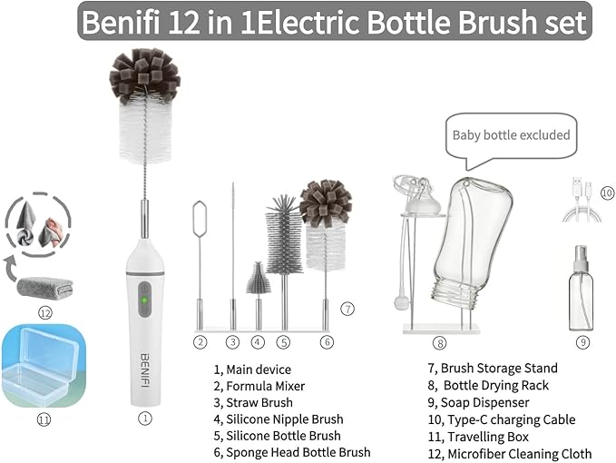 Electric Bottle Cleaner Pro, 11 in 1 Baby Bottle Brush with Drying Rack, Sponge Brush, Silicon Brush, Formula Mixer, Nipple Brush, Soap Dispenser, Microfiber Cleaning Cloth Included