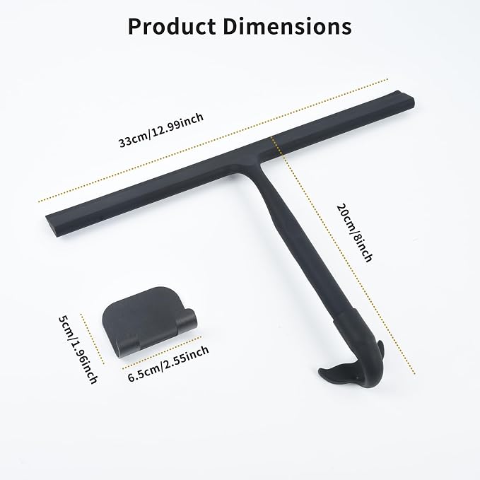 OTraki Black Silicone Shower Squeegee for Glass Doors, Bathroom Cleaner Tool Household Windows Mirror Squeegees, 8 Inch Portable Window Cleaning Tool with Fishtail and Metal Hook for Bathroom