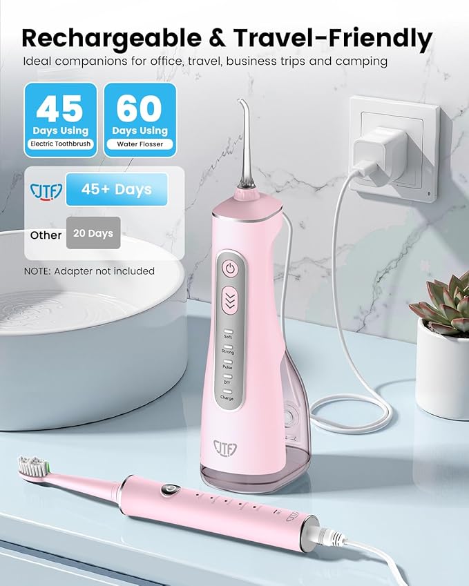 JTF Electric Toothbrush with Water Flosser Combo: 2-in-1 Portable Oral Clean Kit for Effective Yet Gentle Brushing & Flossing, Multiple Modes for Braces & Sensitive Gums Care, Cordless for Home Travel