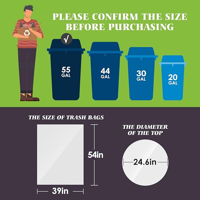 Teivio Large Clear Trash Bags 55-60 Gallon 20 Counts Fit 50,55,60,Gal All Purpose Garbage Bags, Extra Large Lawn and Leaf Bags Outdoor Trash Can Liner, Drum Liners, Workshops, Backyard
