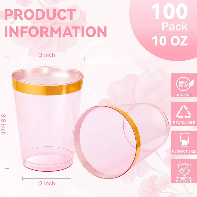 supernal 100 Pcs Pink Plastic Cups,10 Oz Clear Pink Disposable Cups with Gold Trim,Plastic Cocktail/Drink/Bridal Shower/Baby Shower Cups for Party,Wedding and Birthday,Cute Disposable Cup