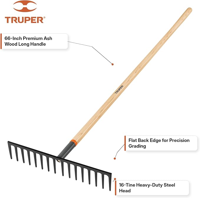 Truper 16-Tine Heavy-Duty Road Rake (Model 31390 / R-16MX) | 66-Inch Premium Ash Wood Long Handle, Professional Level Head Asphalt, Gravel, and Landscape Grading Tool