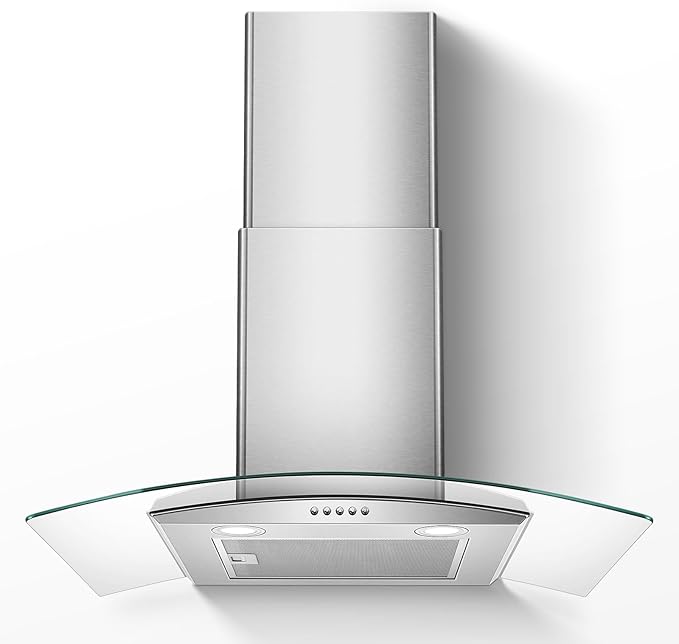 Range Hood 30 Inch, Tieasy Wall Mount Kitchen Hood with Ducted/Ductless Convertible Duct, Stainless Steel Chimney and Aluminum Filters, LED Lights, 3 Speed Fan, Push Button
