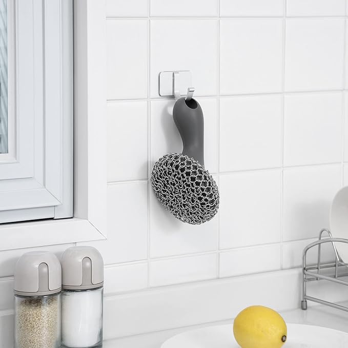 SUBEKYU 316 Stainless Steel Cast Iron Scrubber with Silicone Handle+Anti-Scratch Cast Iron Scrubber with Pan and Grill Scrapers