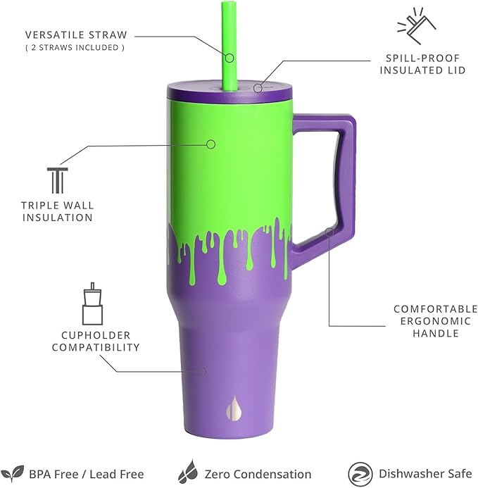 Elemental 40 oz Tumbler with Handle and Straw - Spill Proof Insulated Stainless Steel Commuter for Cold Beverages - Travel Coffee Mug with 2 Straws & Spill Proof Lid - 40oz - Poison Drip