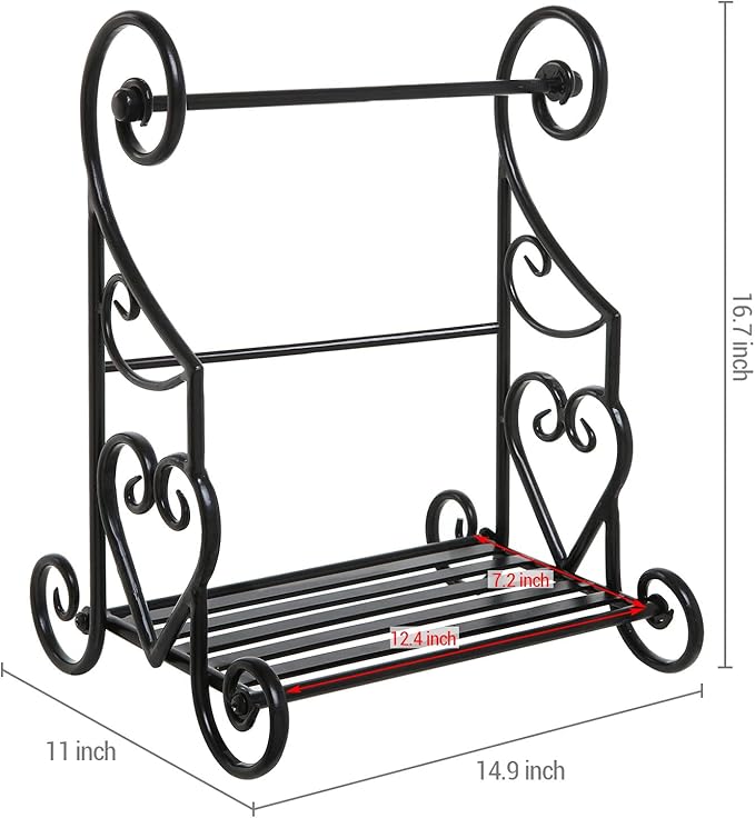 MyGift Gothic Paper Towel Holder Heart Scroll Metal Paper Towel Holder Stand with Slatted Condiment Shelf Rack, Black Decorative Kitchen Decor Accessories