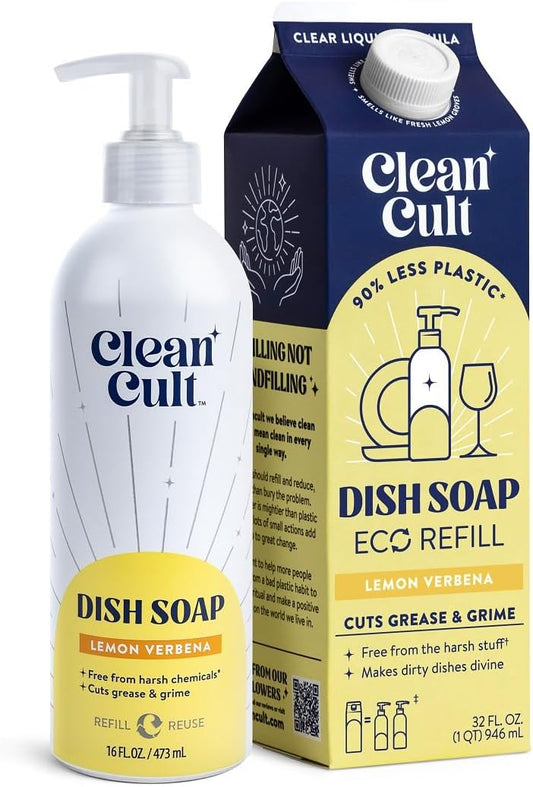 Bundle of Cleancult Dish Soap Liquid Refills (32oz, 1 Pack) - Lemon Verbena + Cleancult - Lemon Verbena - Liquid Dish Soap - Refillable Aluminum Bottle - 16 oz
