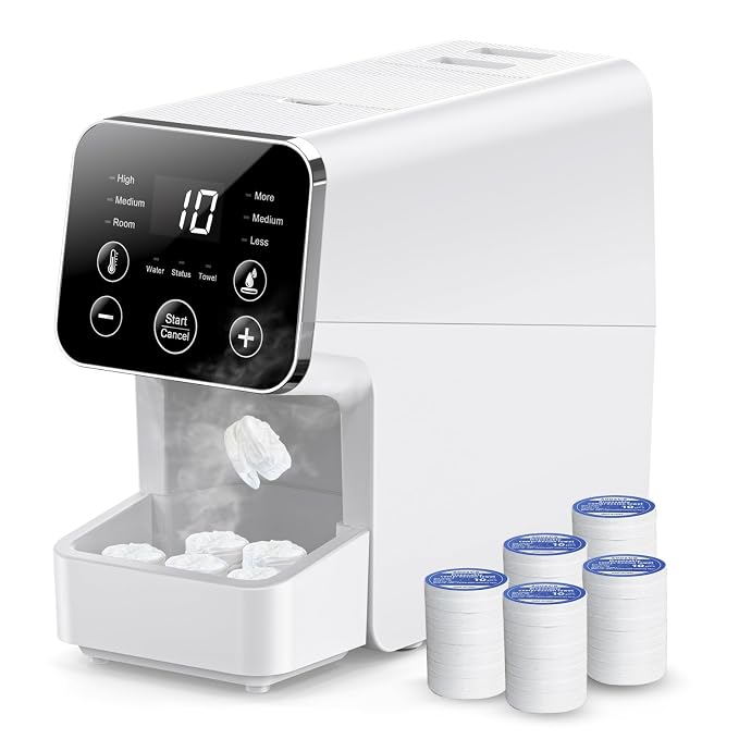 Hot Face Towel Dispenser, 3 Level Temperature and Moisture Control Automatic Towels Warmer, 5S Fast Heating Wipes Heater for Home Spa, Makeup Removal, and Daily Skincare, Plus 50PCS Compressed Towels