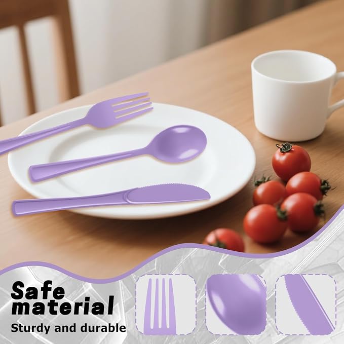 Plastic Silverware 300 PCS Disposable Silverware Heavy Duty Utensil Sets 100 Of Each Forks Knives & Spoons Disposable Cutlery Set For Easter,Birthday,Baby Shower,Garden Party,Wedding(300,Lavender)