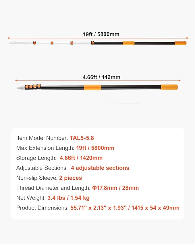 VEVOR Telescopic Extension Pole, 4.66-19 FT Multi-Purpose Extendable Pole, Sturdy Aluminum Alloy Paint Pole Extension with Flip-Lock Design, High Reach Roller Stick for Painting, Dusting and Cleaning