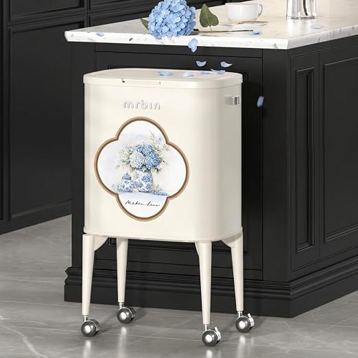 MRBIN Kitchen Trash Can with Legs, 36L / 9.5gal Tall Trash Bin with Wheels Decorative Garbage Can with Lid Pet Proof Slim Vintage Press Top, White, Blue and White Porcelain Pattern