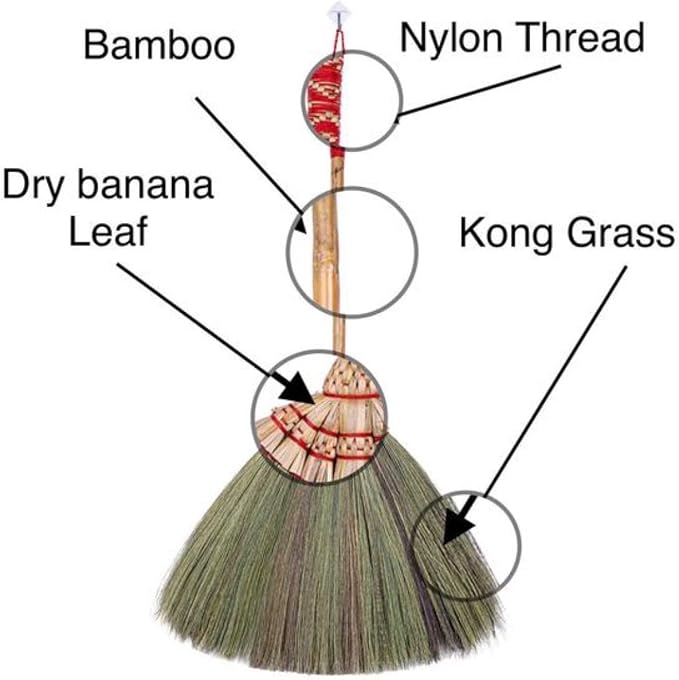 (Tiny Size) 23 inch Overall Tall x 16 inch Width of Asian Hand Broom Tiny Whisk Broom Bamboo Stick with Embroidery Woven Nylon Thread top and Bottom Handle Red or Green Color on Random