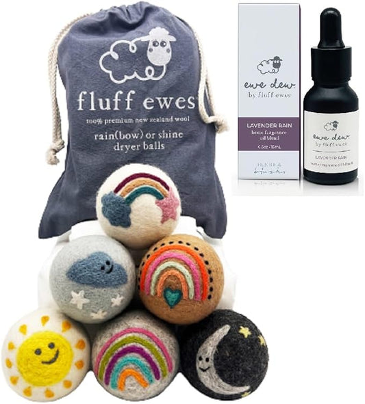 Hustle & Blush Wool Dryer Balls and Essential Oils Blend Bundle Laundry Set, Reduces Drying Time with Long Lasting Fresh Scent Laundry Supplies - 6 Pack Rainbow Dryer Balls & 15 ml Lavender Rain Oil