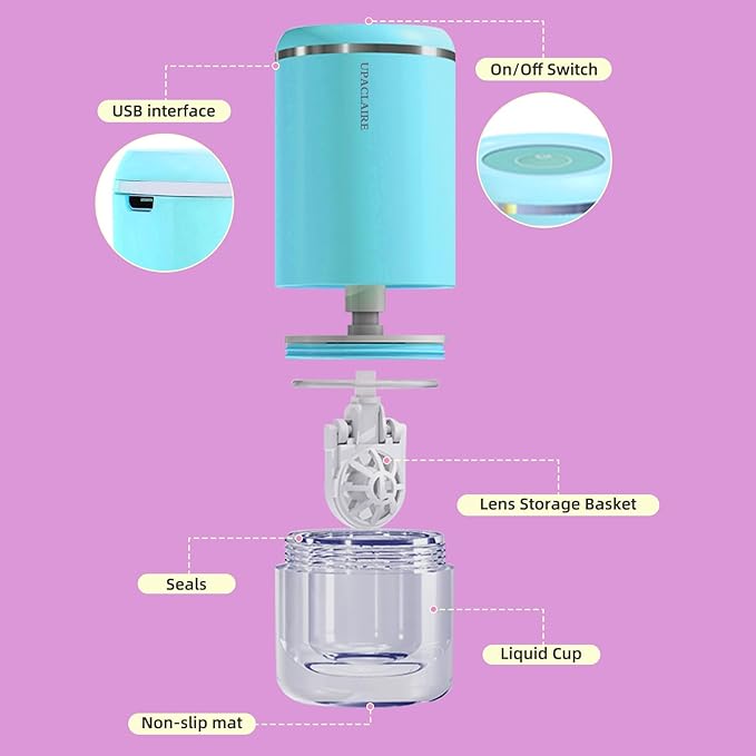Portable Ultrasonic Contact Lens Cleaner with USB Charger and Solution Soak Case - Soft, Colored, Blue