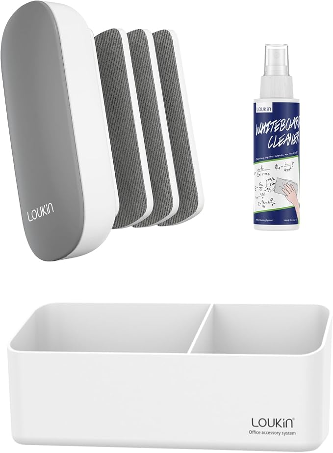 loukin Whiteboard Accessories Bundle | Replaceable Magnetic Dry Erase Eraser (Gray) & Magnetic and Adhesive Marker Holder & Whiteboard Cleaner (3.4 fl oz)