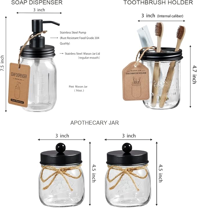 SheeChung 6Pcs Clear Bathroom Accessories Set, Toothbrush Qtip Holder & 2 Pack Green Glass Soap Dispenser, Kitchen Dish Soap Dispenser, Refillable, Black Bathroom Decor