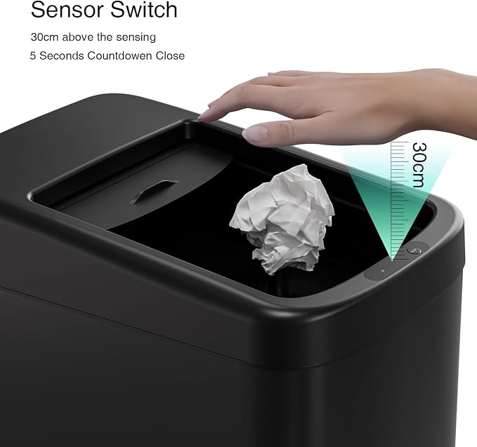 ELLO&ALLO Garbage Can Motion Sensor Trash Can 8 Gallon for Kitchen with Roll Up Lid, Automatic Touch Free High-Capacity with Wheels Black Waste Bin