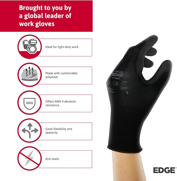 Ansell EDGE 48-126 Abrasion-Resistant Polyester Nitrile Industrial Gloves w/Knitted Liner for Auto, Machinery - Black