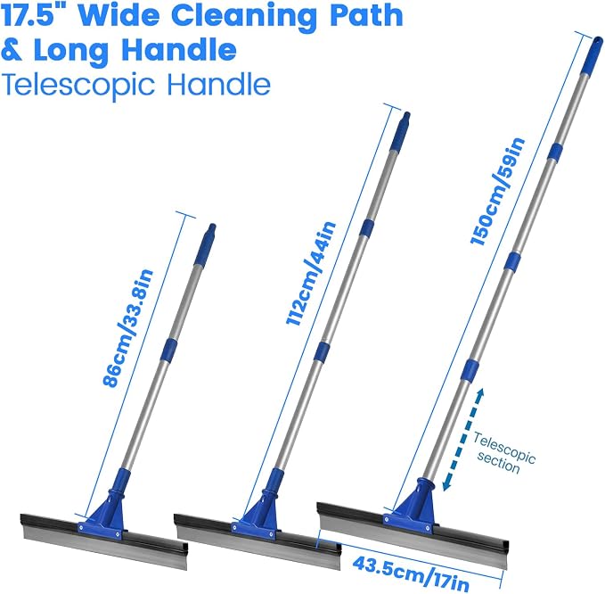 Floor Squeegee for Concrete Floor, 18'' Rubber Wiper Squeegee Broom with 60" Long Handle, Commercial Scrubber Mop for Bathroom Kitchen Pool Glass