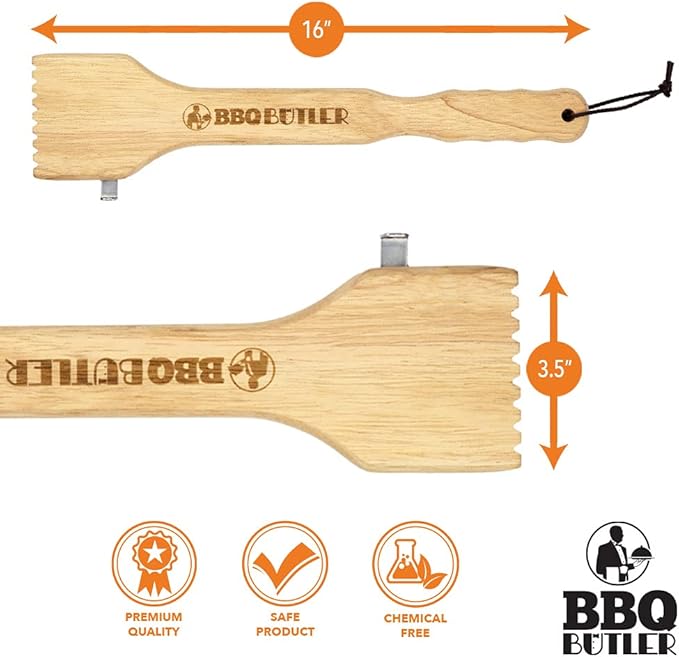 BBQ Butler Wood Grill Scraper - Wooden Barbecue Cleaner - BBQ Tools - Bristle Free - Food Safe Oak Grill Scraper with Metal Scraping Hook and Bottle Opener