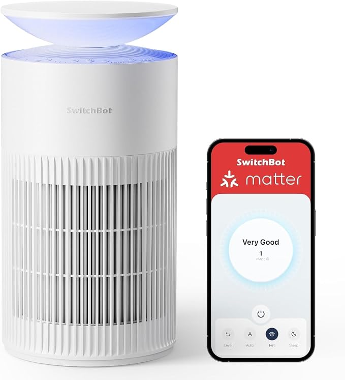 SwitchBot Air Purifiers for Home Large Room with Matter Up to 3620 ft², 20dB, Washable Pre-filter, Pet Mode, RGB Colors, Aromatherapy, Work with HomeKit, Google Home, Alexa, Floor Model-White