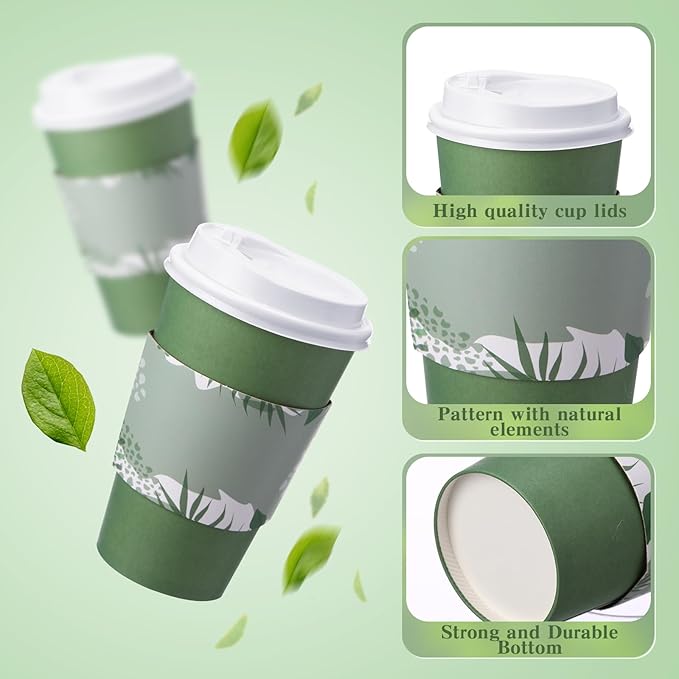 Zopeal 50 Pack Dark Green 12 oz Disposable Coffee Cups with Lids and Sleeves, Paper Hot Travel Cups for Beverages, Wedding, Baby Shower, Office and Party Supplies