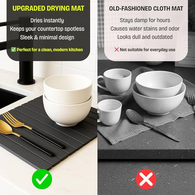 Stone Dish Drying Mat for Kitchen Counter, Large Quick Dry Diatomaceous Earth Stone Drying Mat, Foldable Water Absorbent Dish Drying Mat for Dishes, Cups, Bottles, Kitchen Sink & Countertop (Grey )