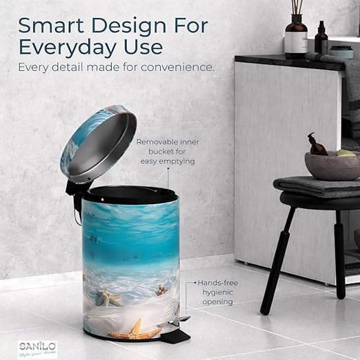 Sanilo Small Bathroom Trash Can with Lid [1.3 Gallon] - Lidded Tiny Trashcan for Garbage - Mini Metal Bin with Soft Closing Mechanism - Bath Room Accessoire Wastebin with Inner Bucket (Waterworld)