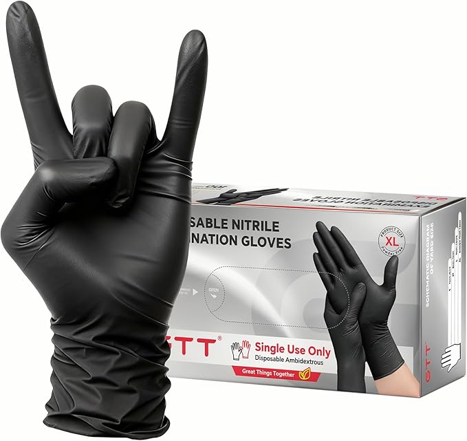 GTT Black Nitrile Exam Gloves 6 Mil, Powder-Free Disposable Gloves, First Aid,Cleaning Food Prep, Tattoo,Cooking,Mechanical