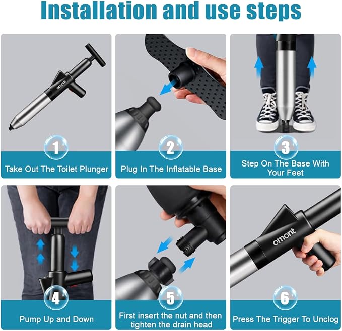 Toilet Plunger Drain Clog Remover: High Pressure Air Drainage Blaster Gun Clog Remover Tool with Gloves- Stainless Steel Black Air Plunger for Bathroom, Sink, Floor, Kitchen Clogged