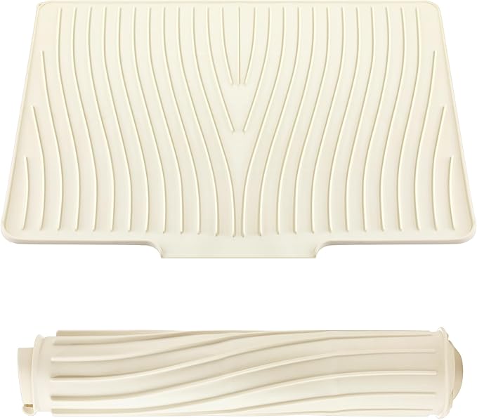 Teenyyou Extra Large Silicone Dish Drying Mat For Kitchen Counter Drying Pad 23.6 x 19 Inch Rubber Dish Drainer Mat with Drain Lip for Sink Drawer Liner(Beige)