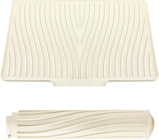 Teenyyou Extra Large Silicone Dish Drying Mat For Kitchen Counter Drying Pad 23.6 x 19 Inch Rubber Dish Drainer Mat with Drain Lip for Sink Drawer Liner(Beige)