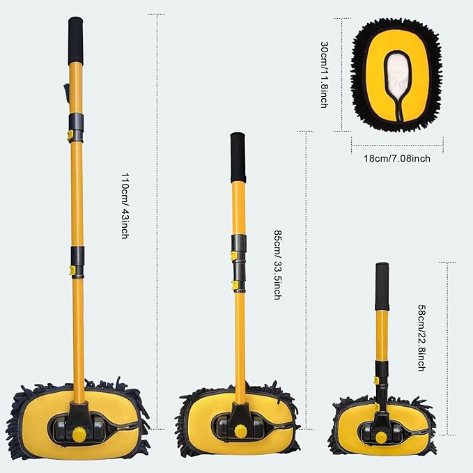YeewayVeh Car Wash Brush with Long Handle, Microfiber Car Wash Mop with Replaceable Chenille Brush Head, Soft Cleaning Brush with 15° Curved Extension Pole Car Wash Kit for RV Truck Camper, Yellow