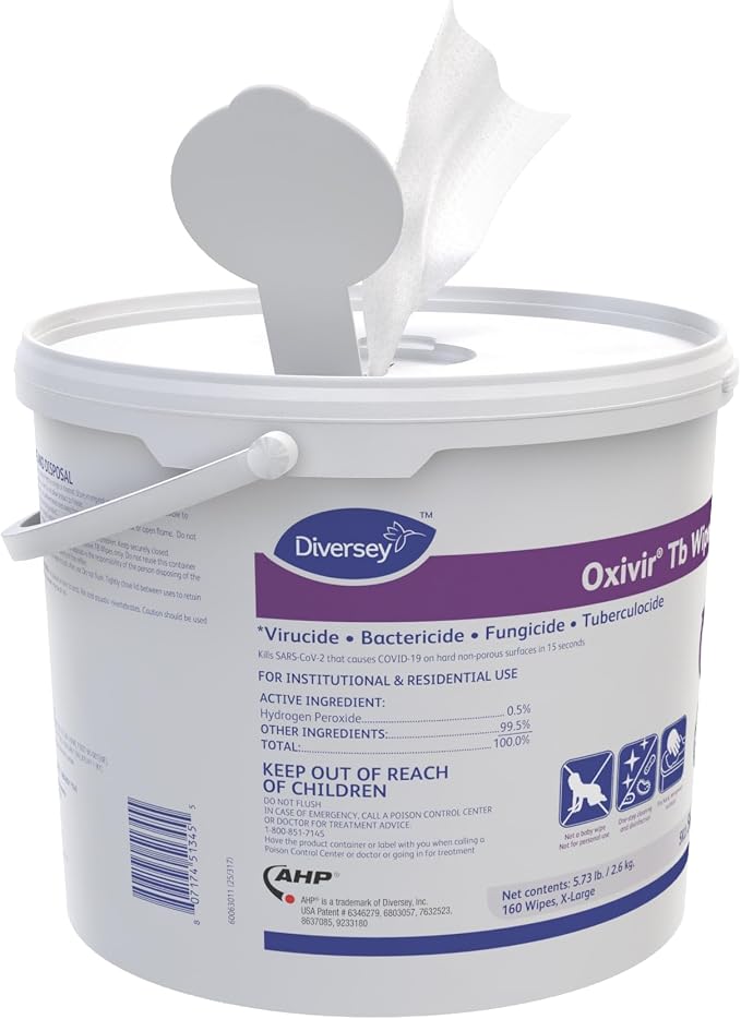 Oxivir Diversey 5627427 Tb Disinfectant XL Wipes, Accelerated Hydrogen Peroxide Based Cleaner Disinfectant, Ready-to-Use, Unscented, 160-Wipes, 1 Bucket (Pack of 4)