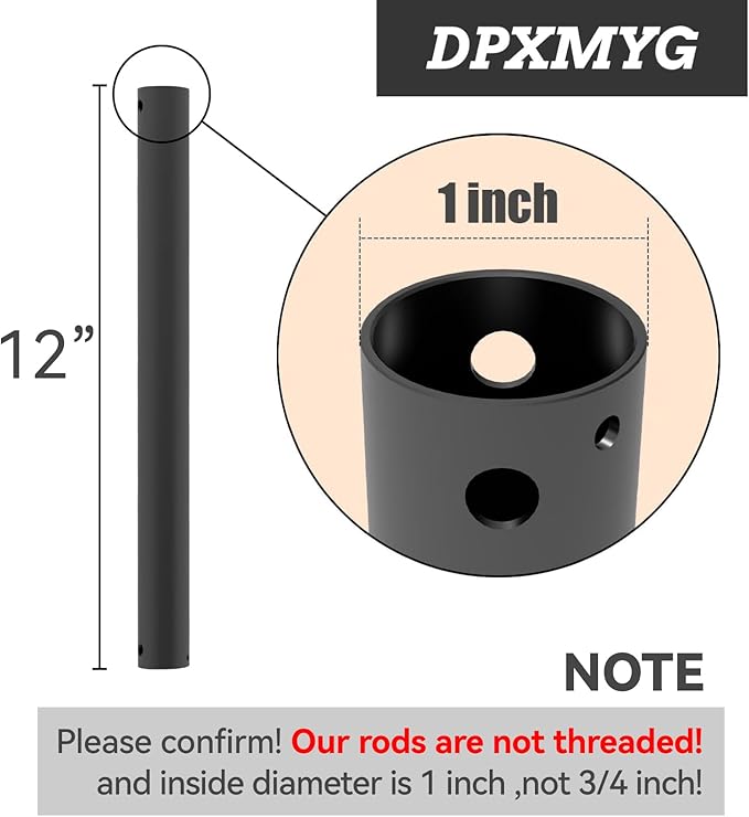 12 inch Ceiling Fan Downrod, 1 FT Black Downrod for Ceiling Fan, 1 inch Outside Diameter, Boom Suitable for a Wide Range of Fans (Black, Not Threaded)