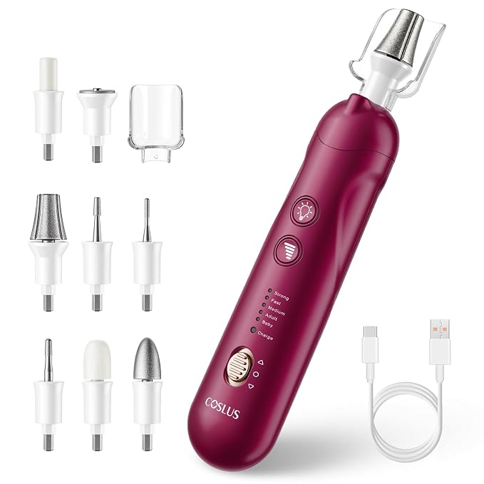 COSLUS C43 Professional Manicure Pedicure Kit, 5-in-1 Electric Nail File for Toenail Hand Feet, Basic & Thick Nails Care, Cordless, 5 Speeds, for Men Women Seniors Home Salon, Standard Grinder, Red