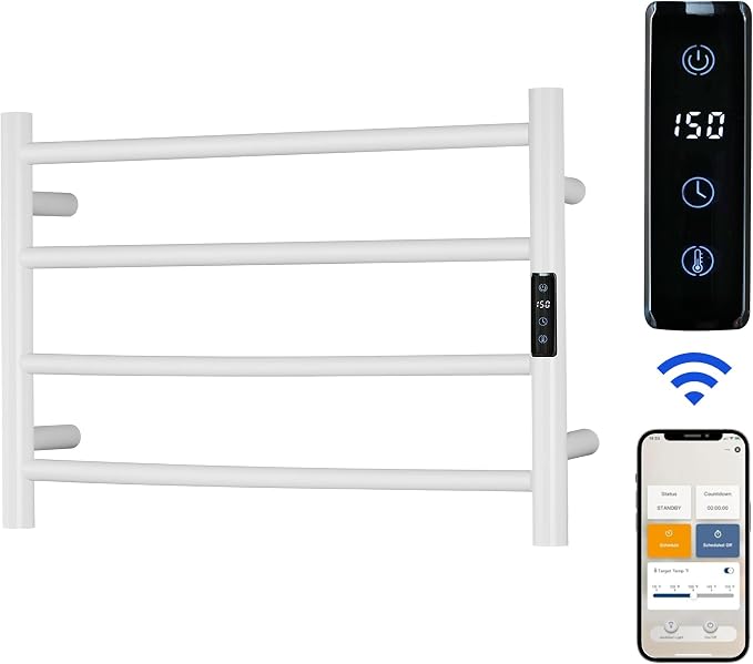 Electric Towel Rack with Voice Control for Alexa & Google Home,TUYA - Wall-Mounted Bathroom Heating Towel Warmer,Plug-in,Stainless Steel Material,16.54x23.62x5.51 in,White,4 Bars